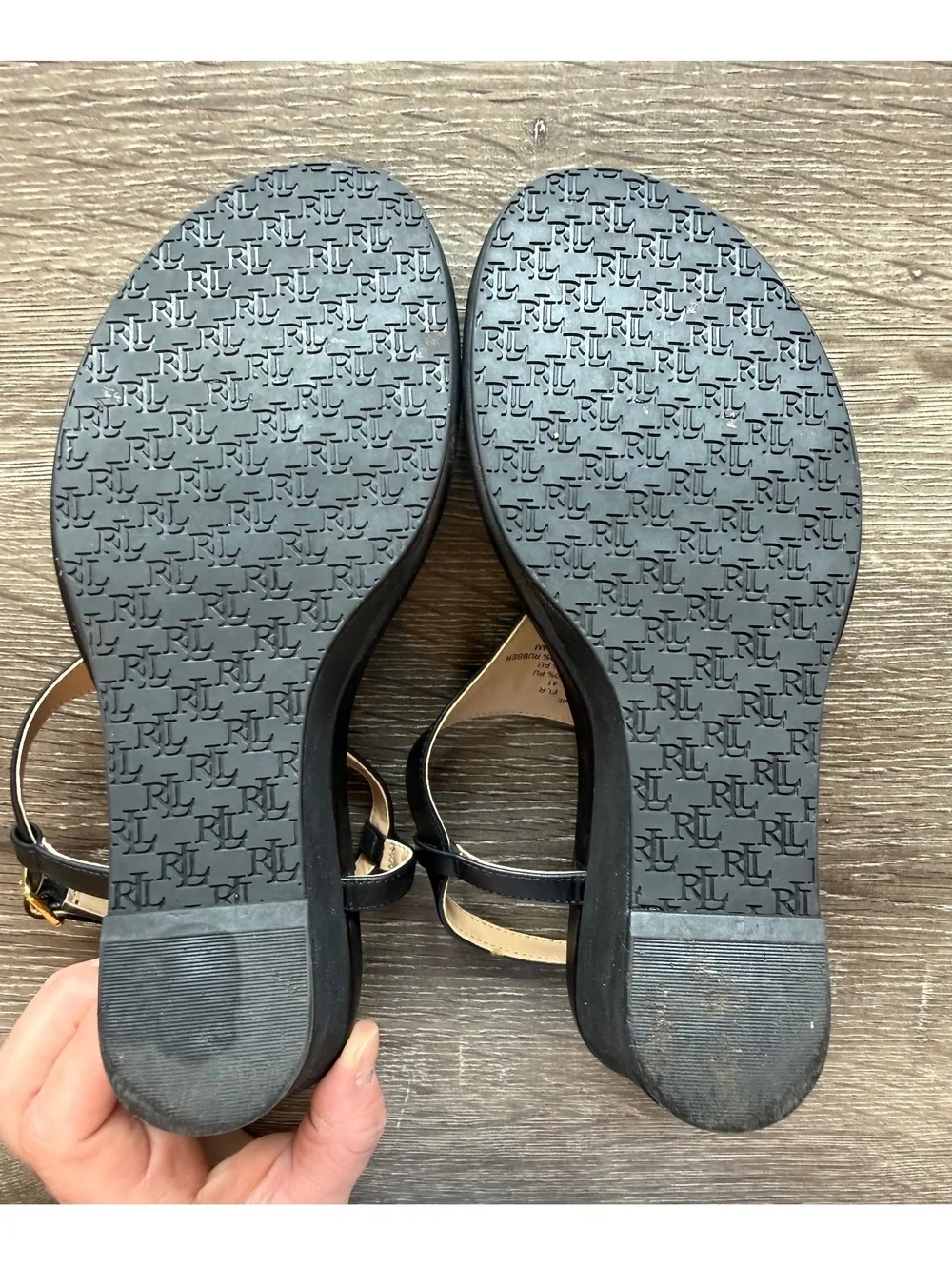 Lauren Ralph Lauren Jeannie Black Wedge Thong Sandals Gold RL Logo Women’s 9.5